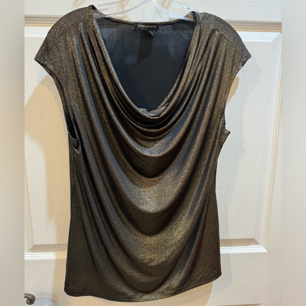 Susan Lawrence Metallic Gold Slouch Neck Blouse L
